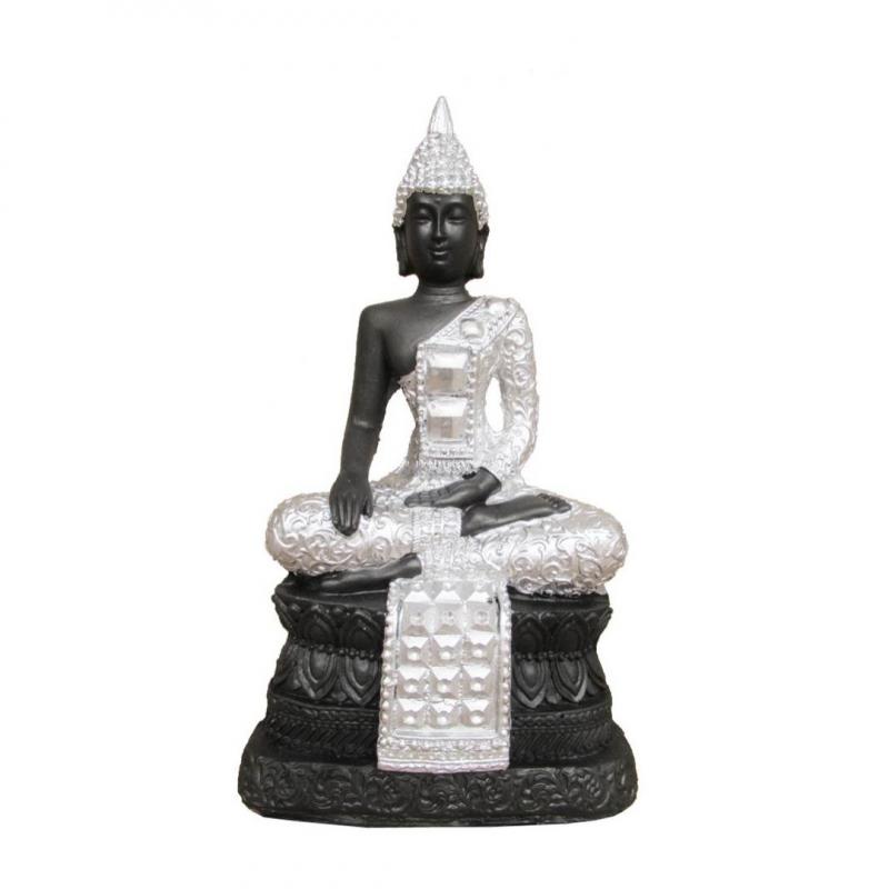 Buda Thai Pedestal Prata-Preto 20cm