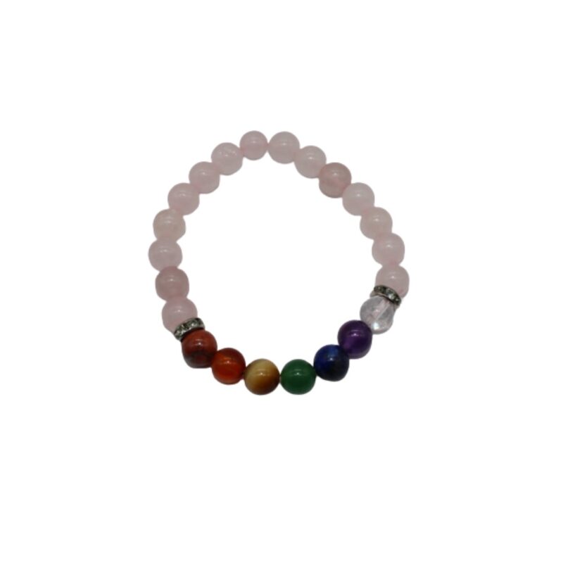 Pulseira Quartzo Rosa c/ 7 Chakras 8mm